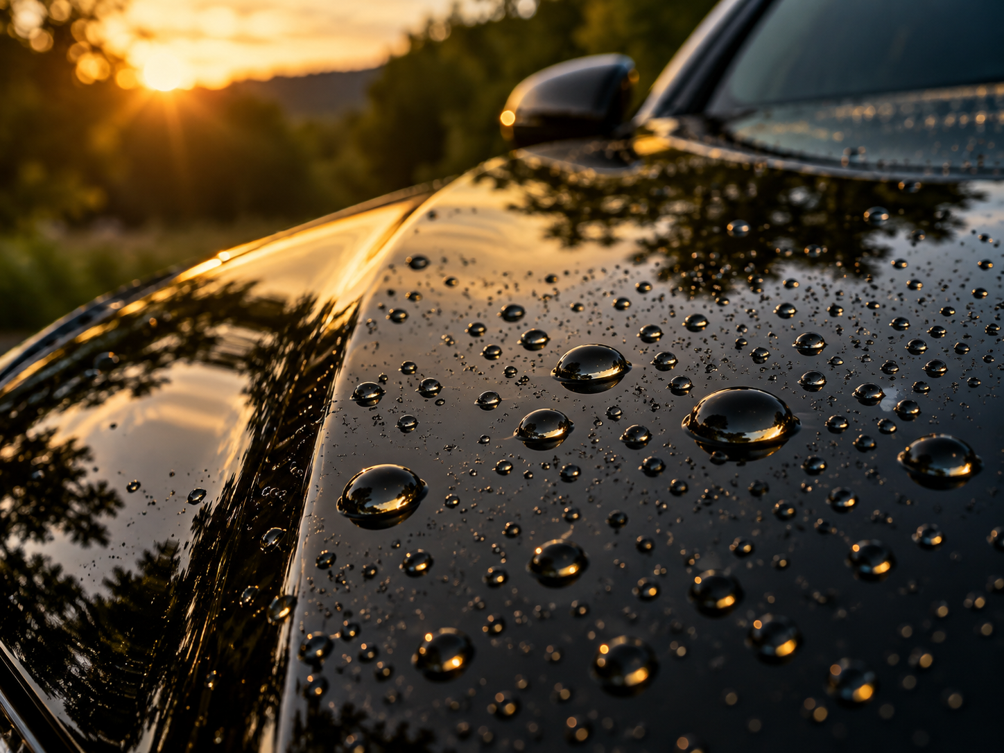 Water beading on a glossy black car after ceramic coating