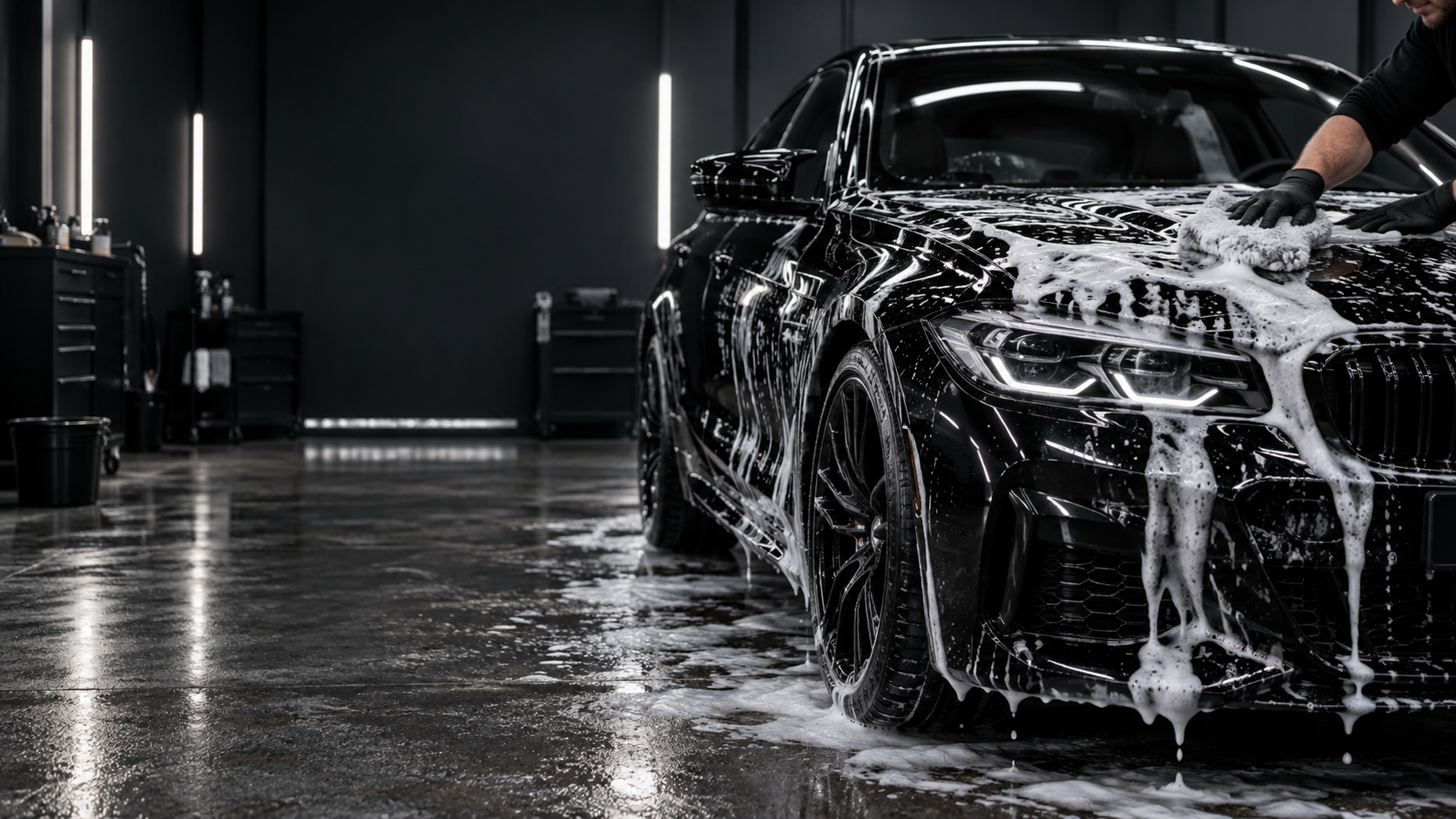 Black car receiving a careful foam hand wash in a professional detailing bay